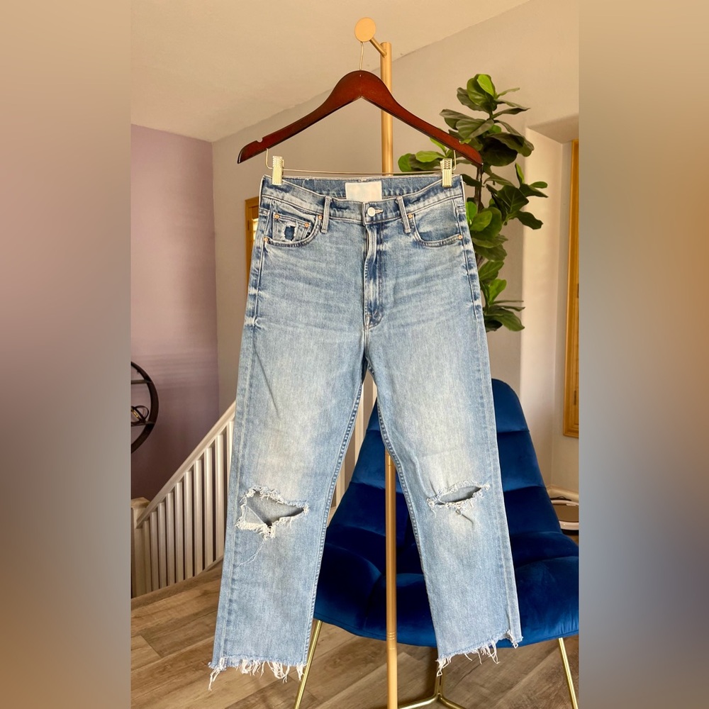 MOTHER Light Blue Straight Leg Jeans with Knee Distress